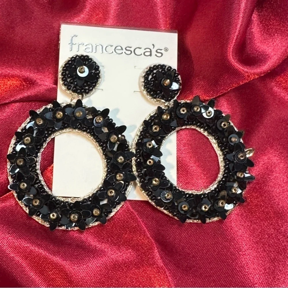 Francesca’s Black Sequin Floral Beaded Statement Earrings  NWT
